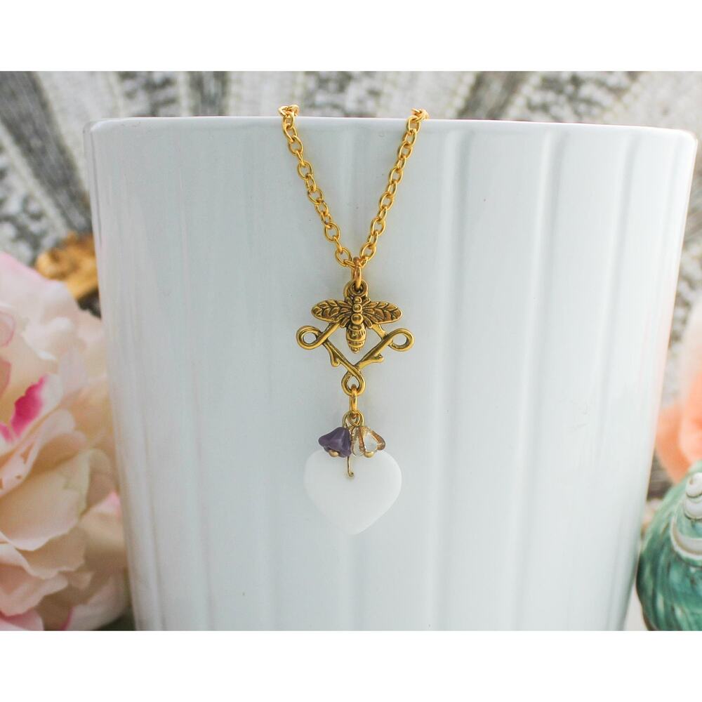 Antique Gold Bee & Flower Heart Necklace Math in Nature Charm 18" Gold Chain
